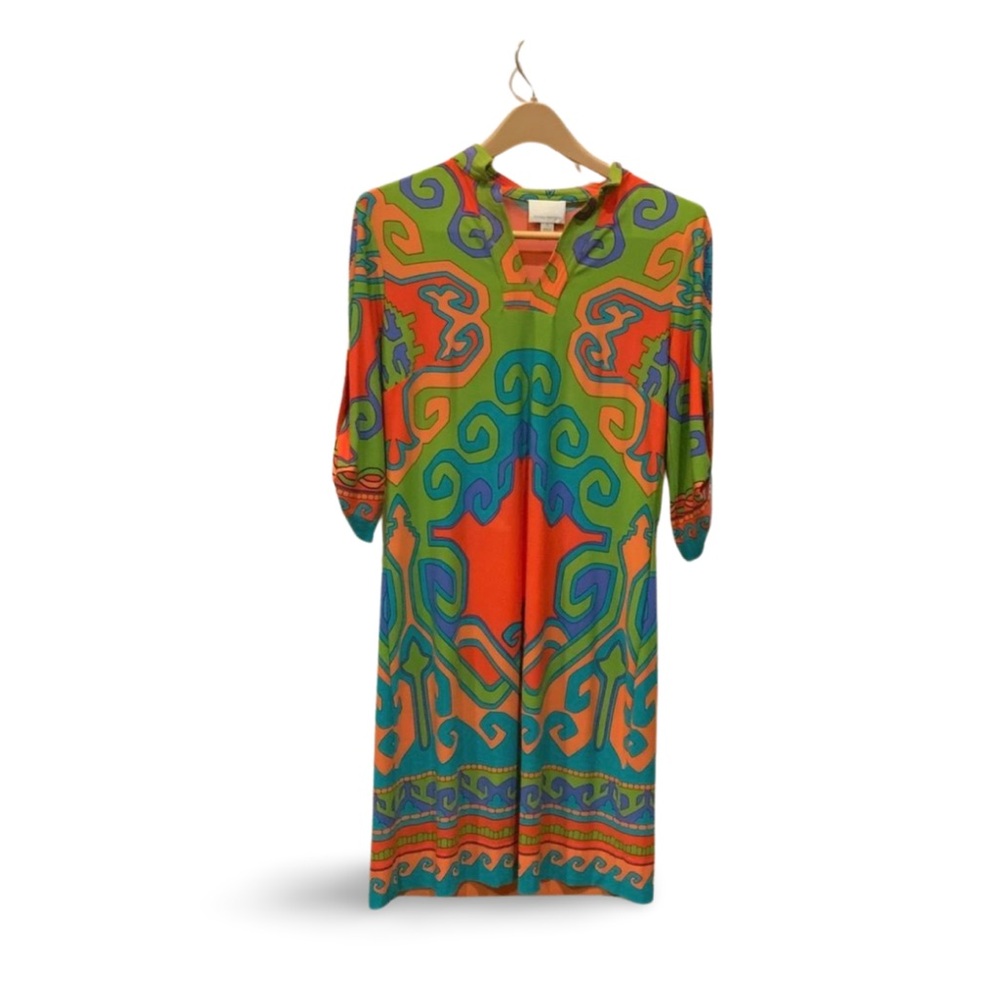Donna Morgan Size 6 Retro Abstract Print Sheath Dress Green Yellow Orange